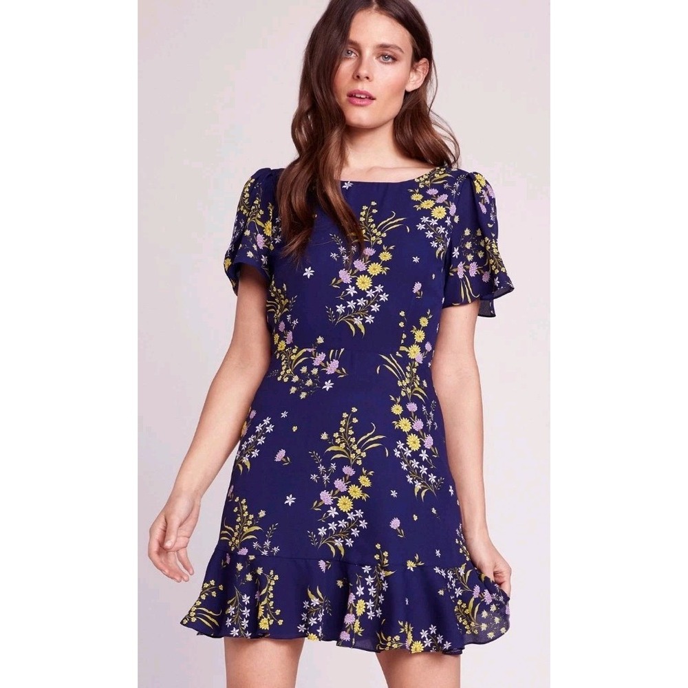 BB Dakota Anthropologie Dress Womens Blue  Ruffle Floral Sleeve Steve Madden Sz2